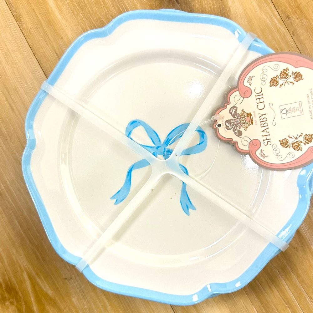 Shabby Chic Blue Ribbon Design 4/Plate 8” salad/Melamine